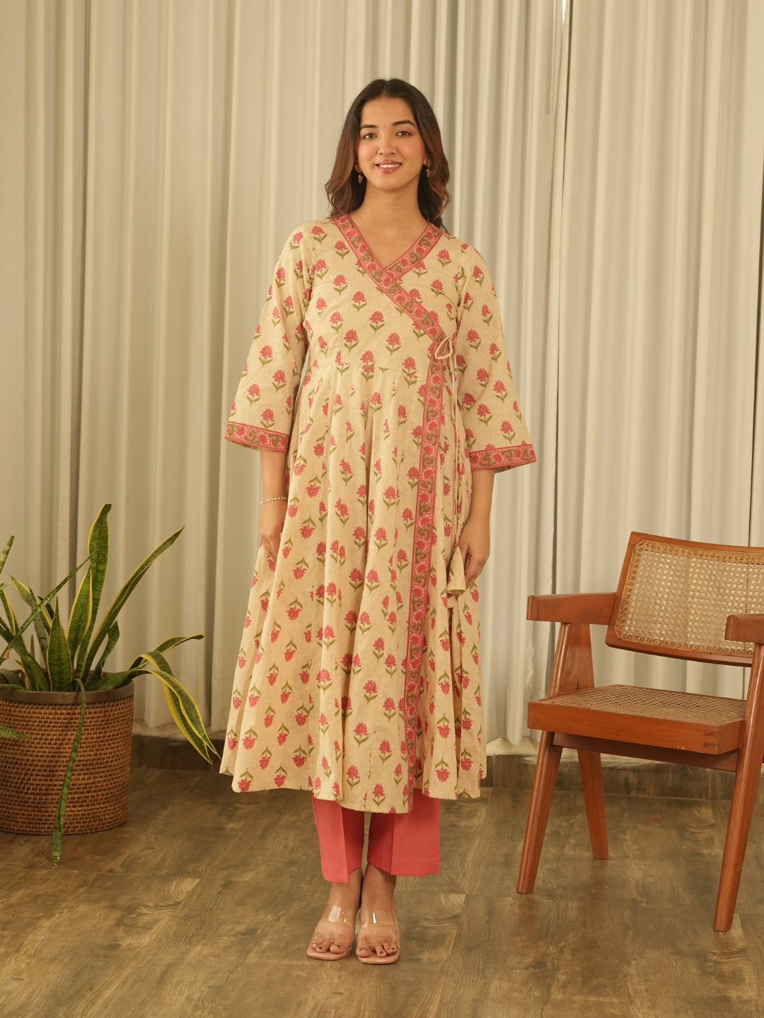 Beige Floral Angrakha Screen Print Kurta Set with Pant & Dupatta