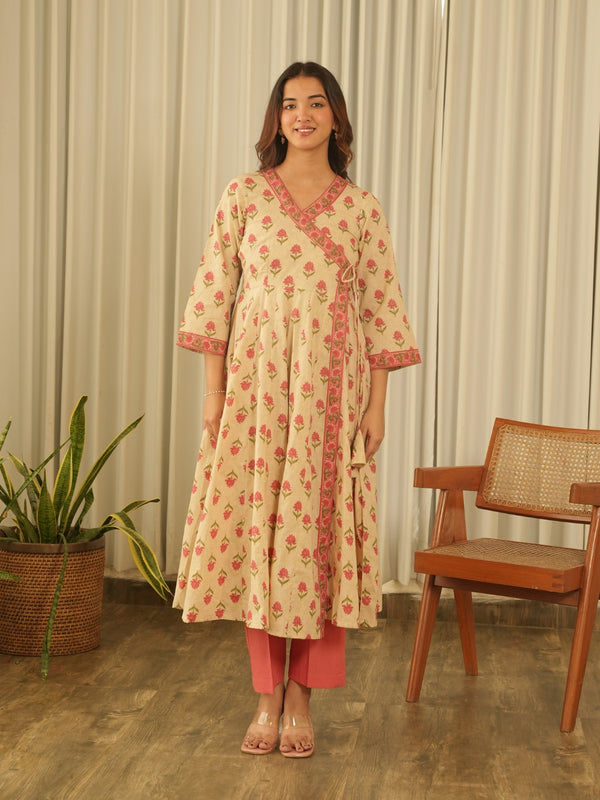 Beige Floral Angrakha Screen Print Kurta Set with Pant & Dupatta