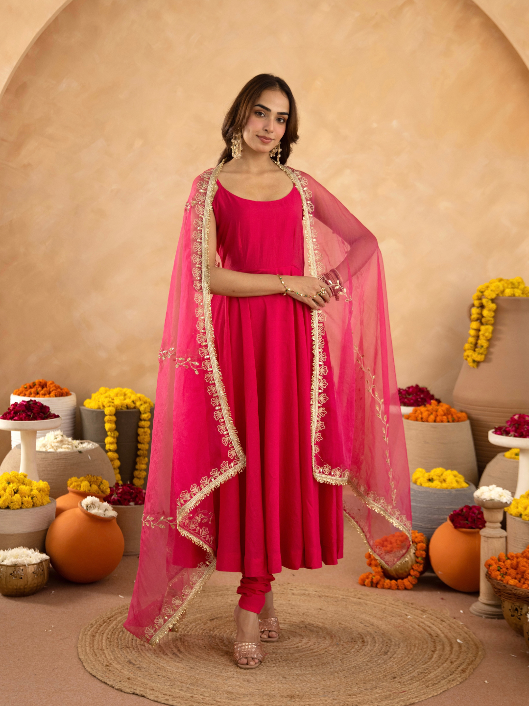 Fuchsia Chanderi Anarkali with Aari Work & Sequin Embellished  Dupatta