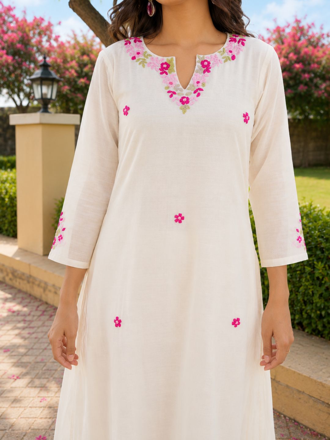 Off White Petal Handwork Chanderi A-Line Kurta Set