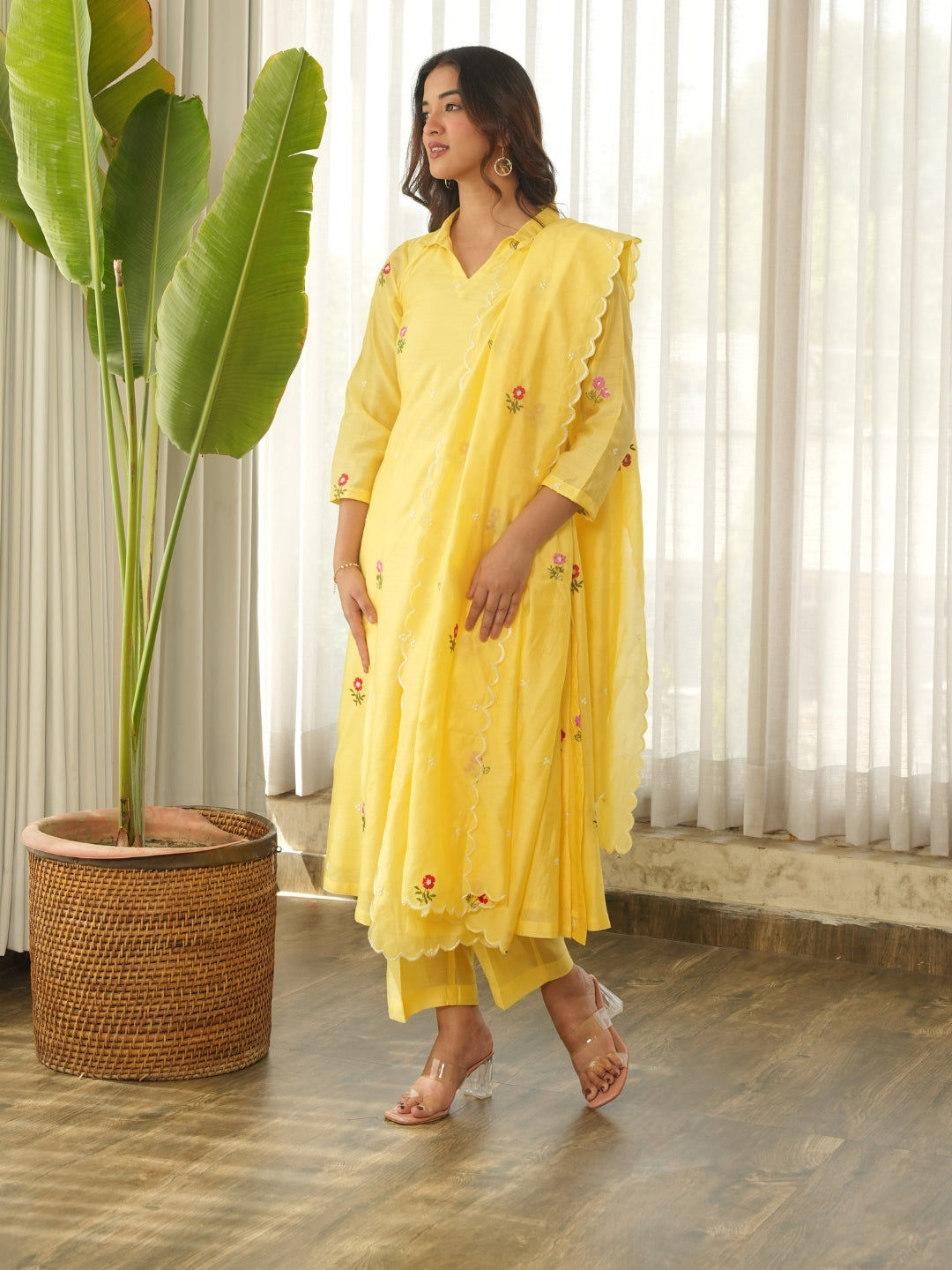 Lemon Yellow Embroidered Chanderi Kurta Set with Pants & Dupatta