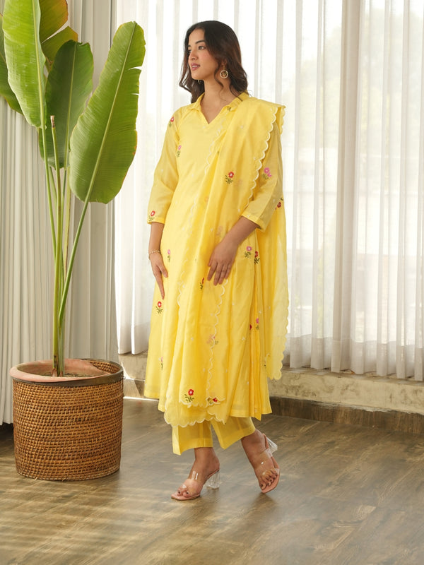 Lemon Yellow Embroidered Chanderi Kurta Set with Pants & Dupatta