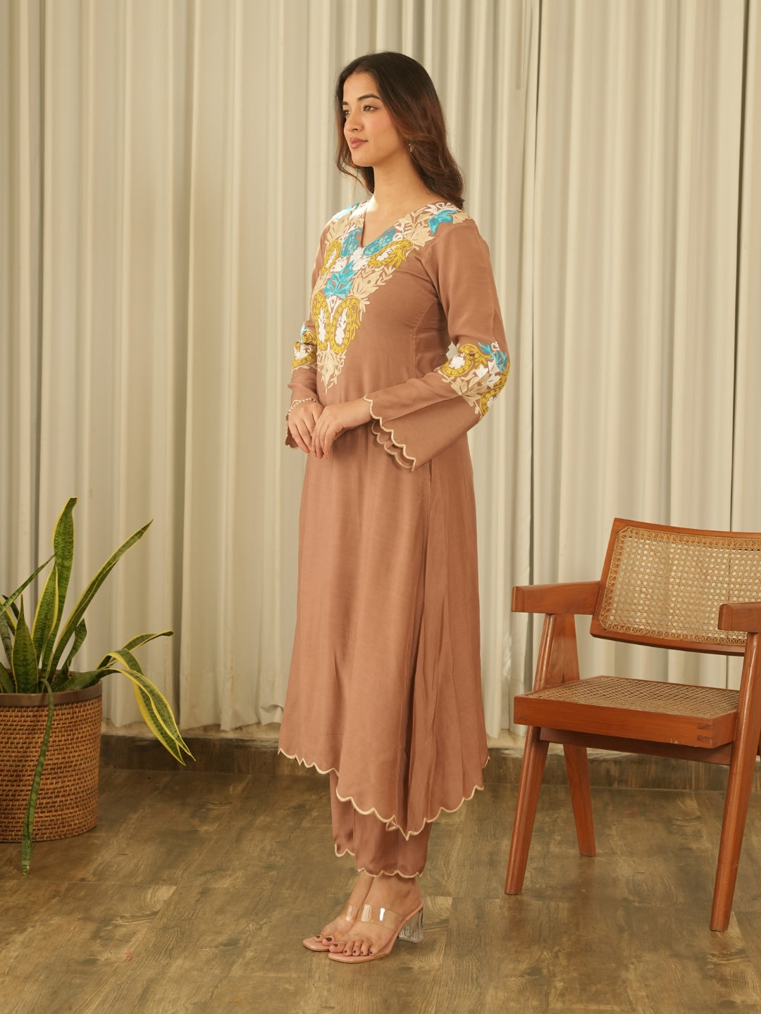 Mocha Brown Muslin Kurta Set with Pants