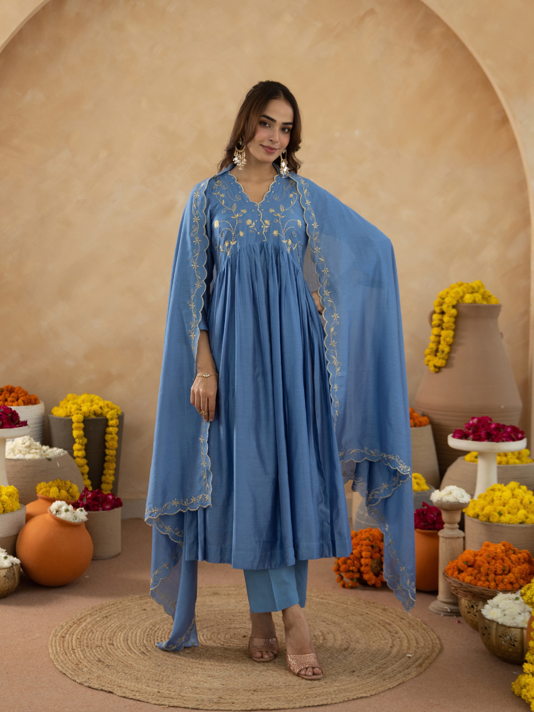 Dusty Blue Chanderi Zari Embroidered Gathered  Kurta Set