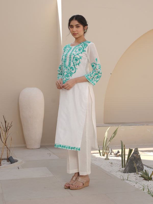 SNOWY WHITE CHANDERI EMBROIDERED SUIT SET