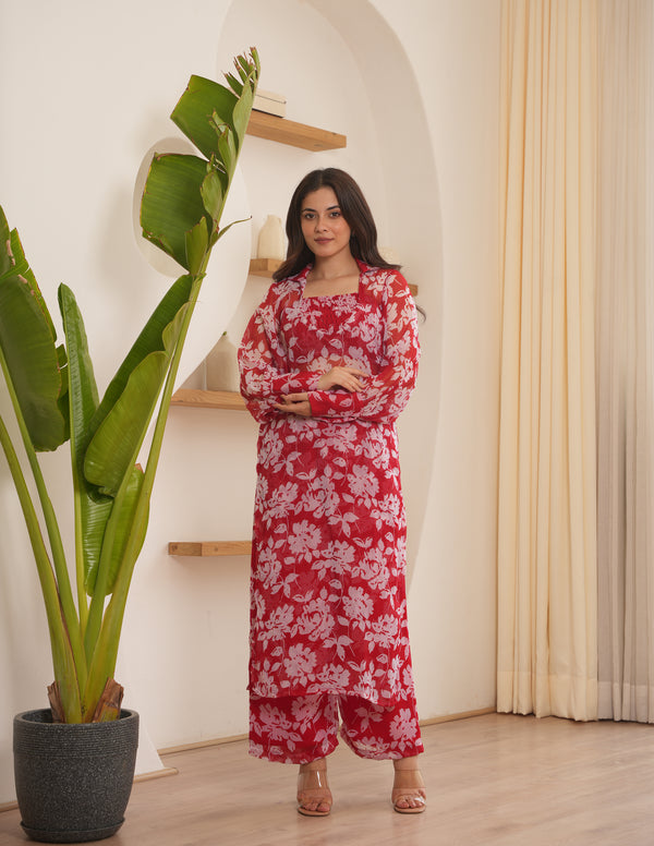 Cora Red Chiffon Kurta Set With Smocked Blouse