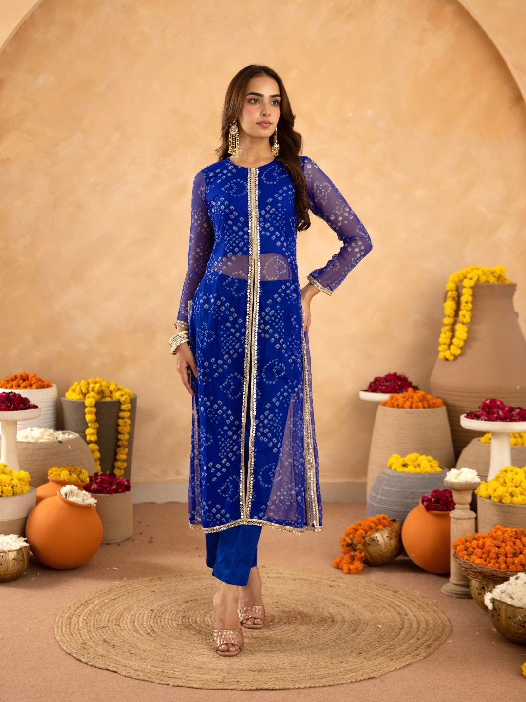 Blue Chiffon Bandhej Mirrorwork Straight Kurta