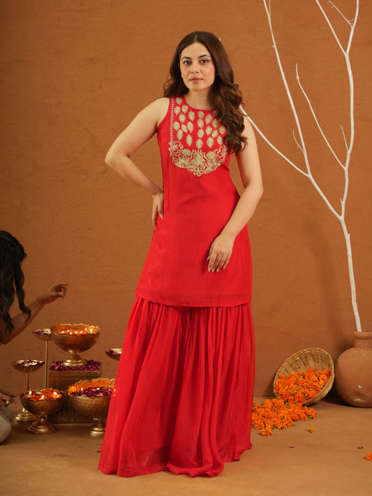 Meherbaan Red Zariwork Sharara Jacket Set