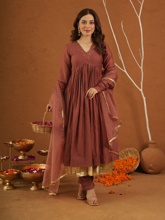 Zariya Brown Chanderi Gota Suit Set
