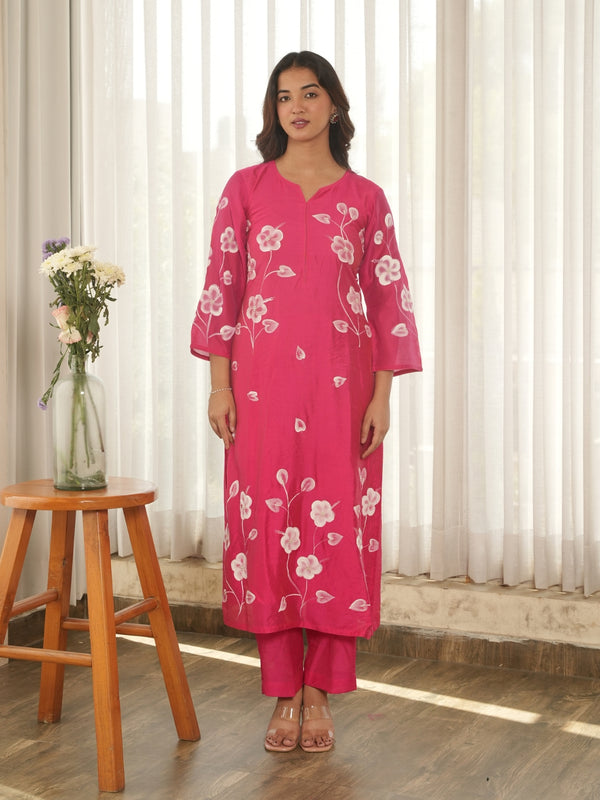 Ruby Bloom Hand-Painted Chanderi Kurta Set with Pearl Work