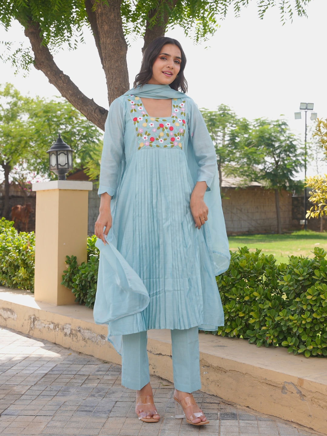 Powder Blue Floral Handwork Chanderi Kurta Set