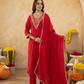 Red Handcrafted Chanderi Mirrorwork Straight Kurta Set