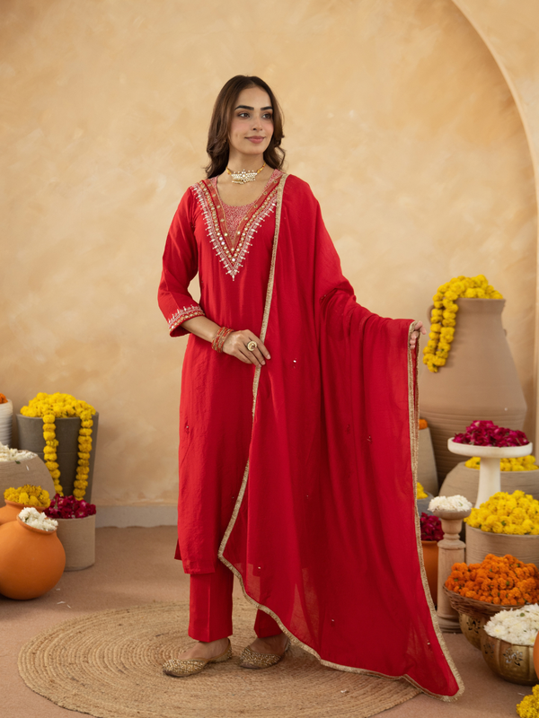 Red Handcrafted Chanderi Mirrorwork Straight Kurta Set
