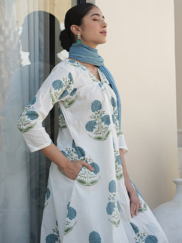 TUDOR WHITE COTTON BLOCK PRINT SUIT SET