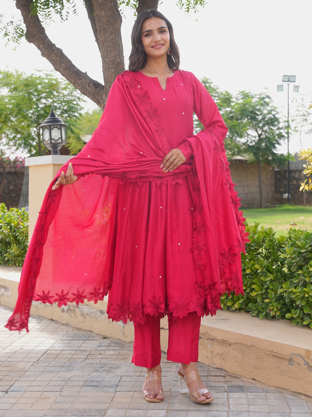 Ruby Bloom Floral Aari Work Chanderi Kurta Set