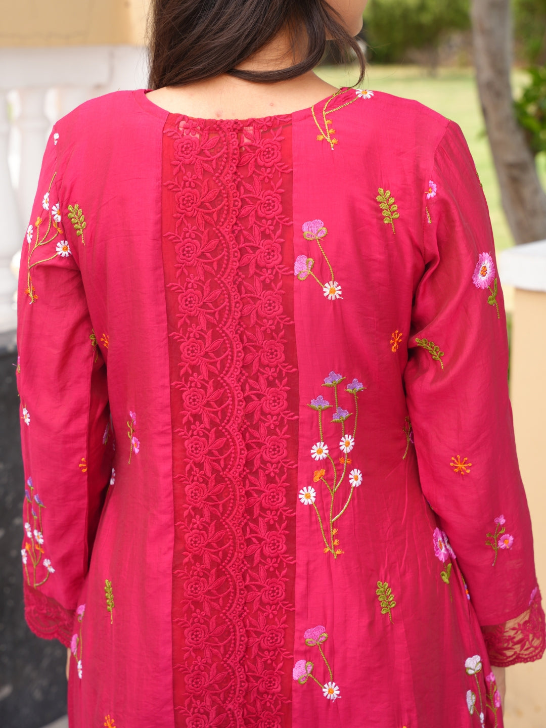 Dark Pink Chanderi Floral Embroidered Kurta Set