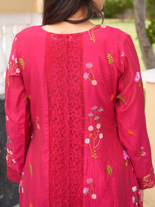 Dark Pink Chanderi Floral Embroidered Kurta Set