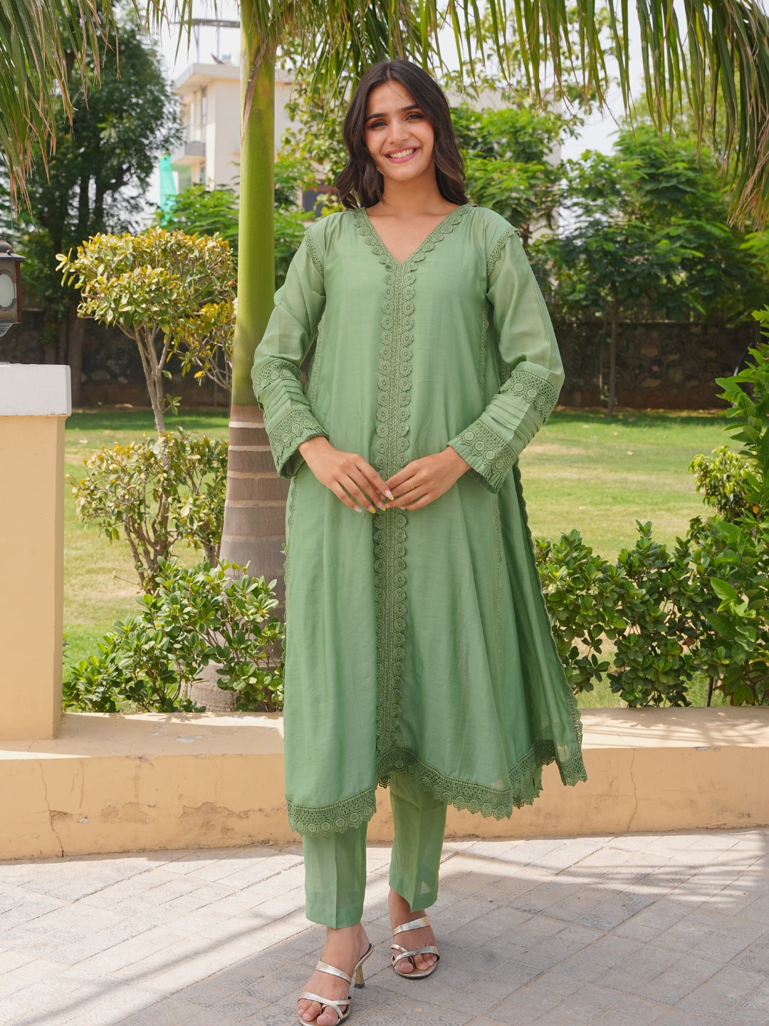 Pista Chanderi Lace Work Kurta Set