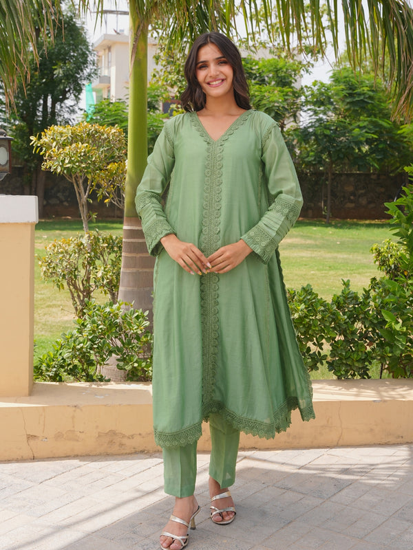 Pista Chanderi Lace Work Kurta Set
