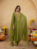 Green Handcrafted Chanderi Mirrorwork Straight Kurta Set