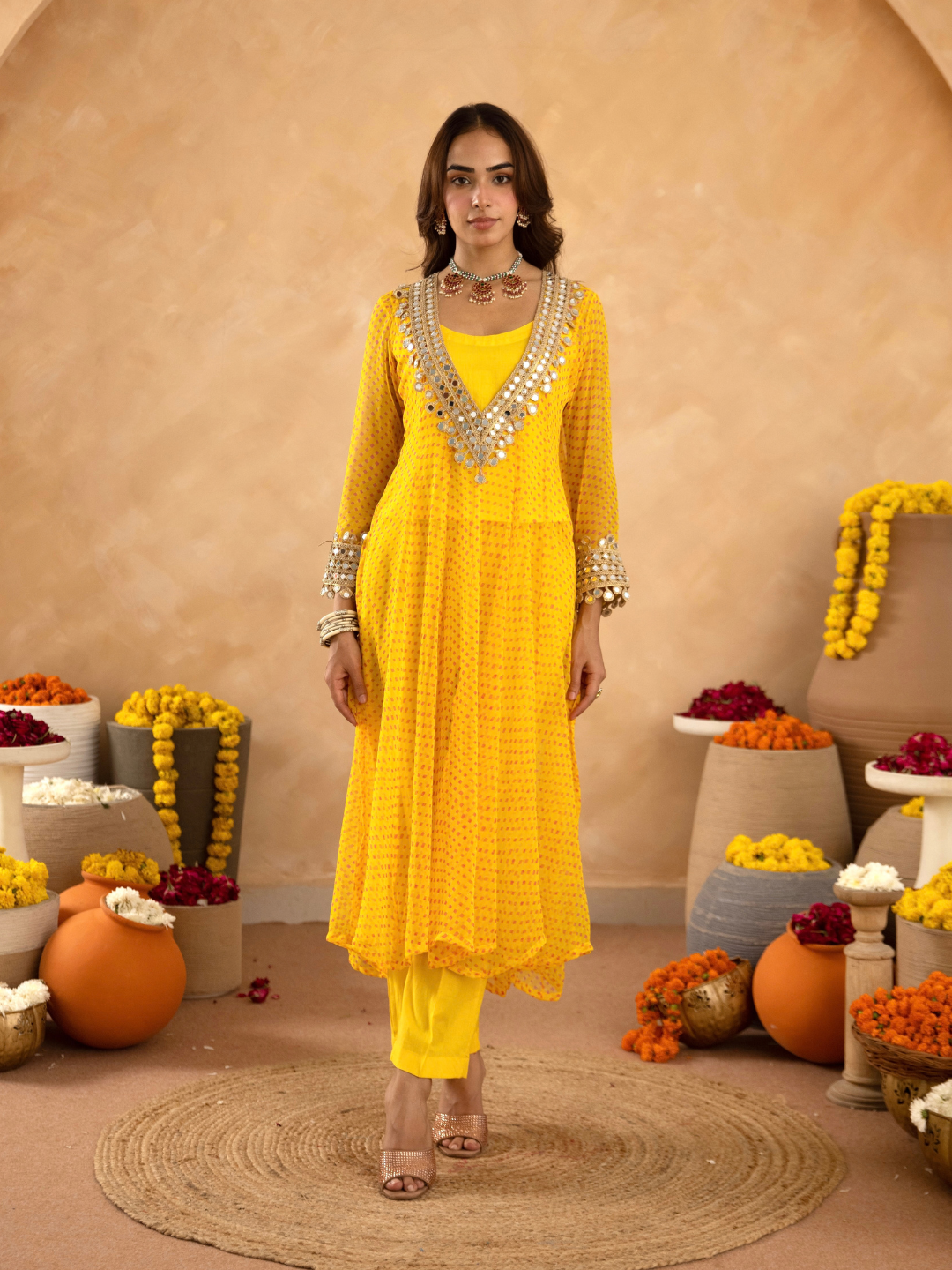 Yellow Chiffon Bandhej Mirrorwork Kurta Set