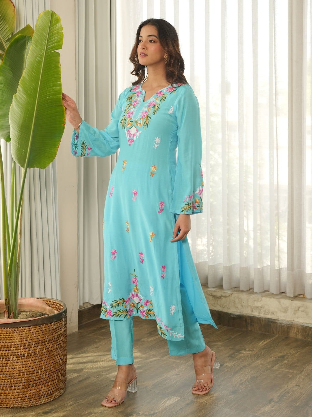 Sky Blue Floral Embroidered Muslin Kurta Set with Pants