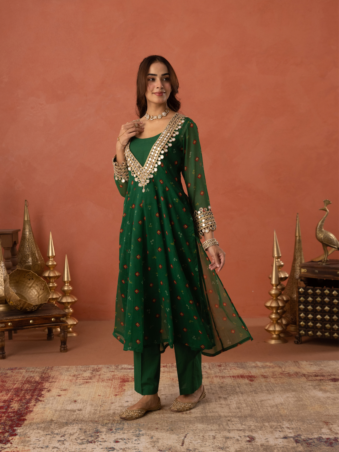 Green Chiffon Bandhej Mirrorwork Kurta Set