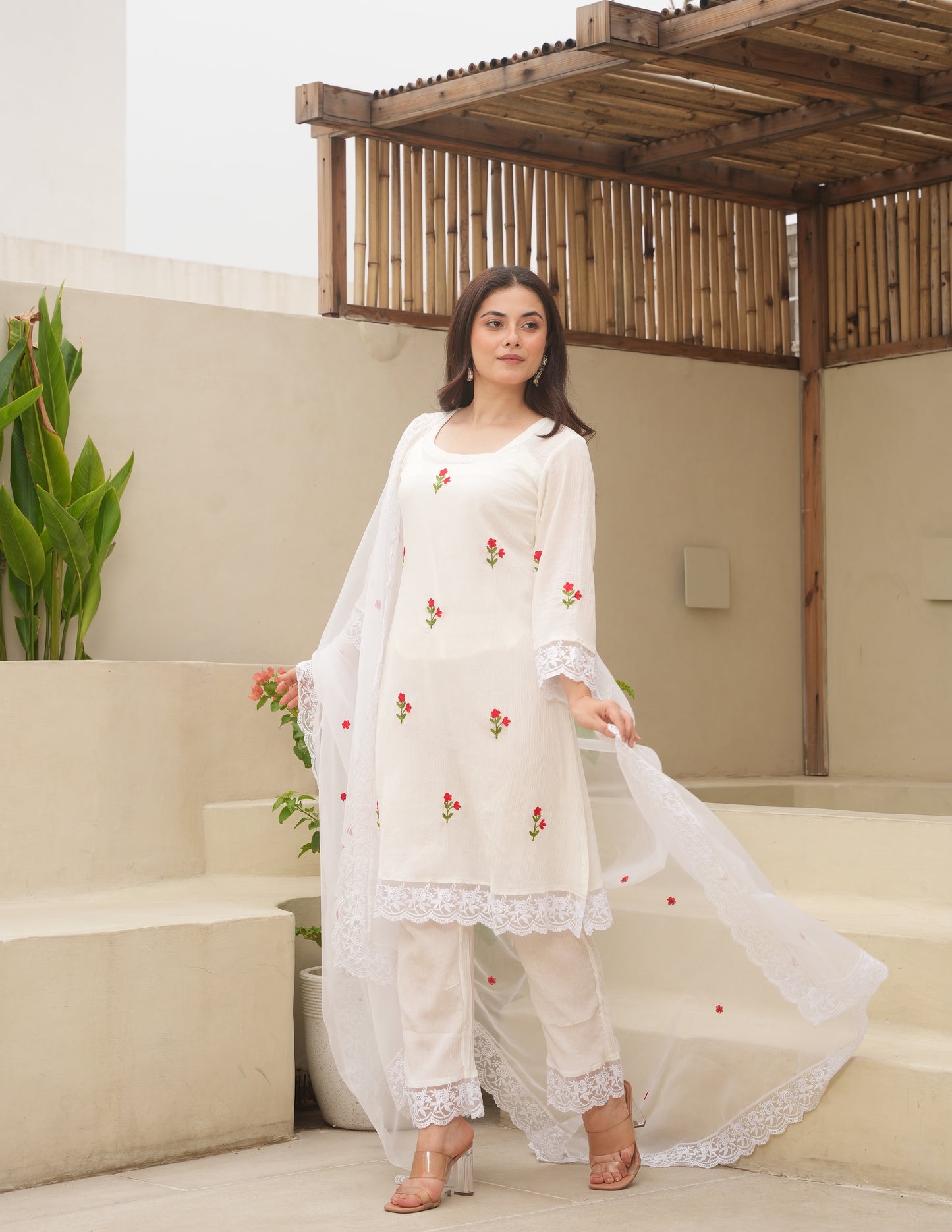 Shy White Embroidered Crushed Cotton Suit Set