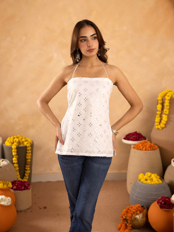 White Mirrorwork Chikan Short Kurti