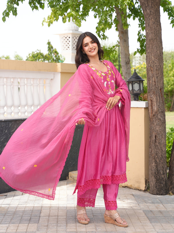 Rose Pink Floral Handwork Chanderi Kurta Set