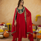Red Chanderi A-Line Kurta Set with Handwork Detailing &  Organza Dupatta