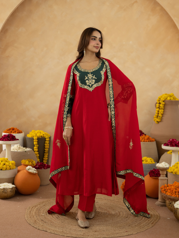 Red Chanderi A-Line Kurta Set with Handwork Detailing &  Organza Dupatta