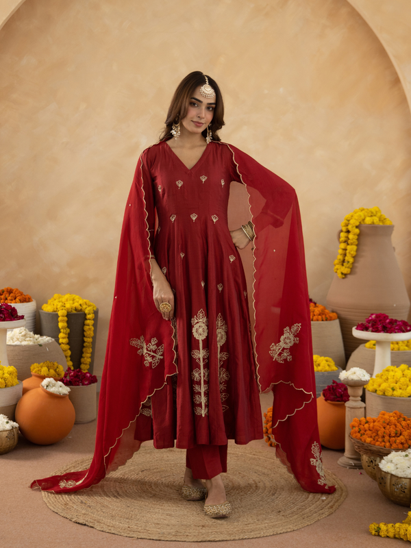 Maroon Floral Aari Embroidered Anarkali Set