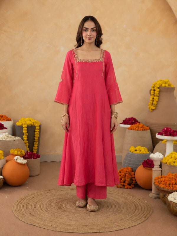 Salmon Pink Aari Handwork Chanderi A-Line Kurta set