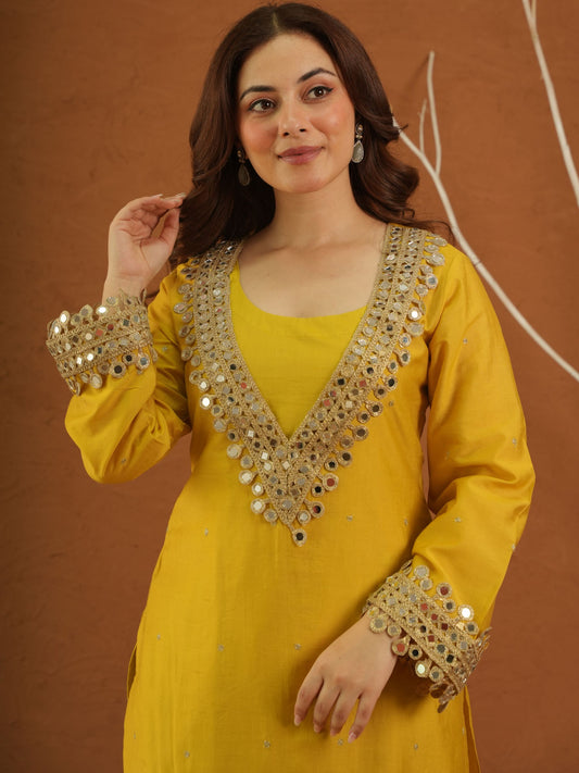 Sheeshmahal Yellow Chanderi Mirrorwork Suit Set