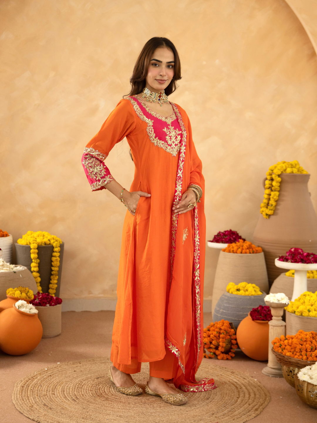 Orange Chanderi A-Line Kurta Set with Handwork Detailing &  Organza Dupatta