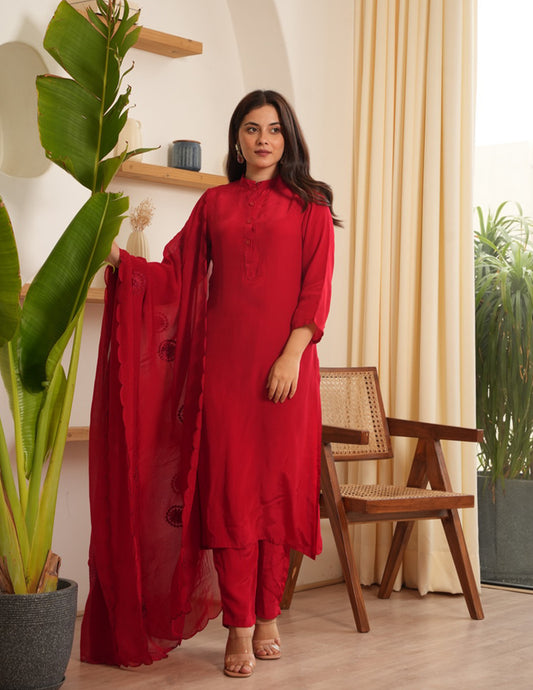 Marley Red Silk Straight Suit Set
