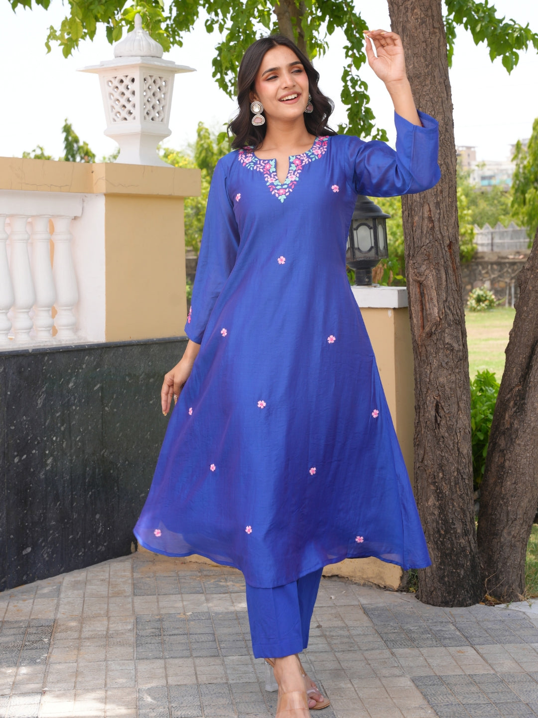 Blue Floral Handwork Chanderi A-Line Kurta Set