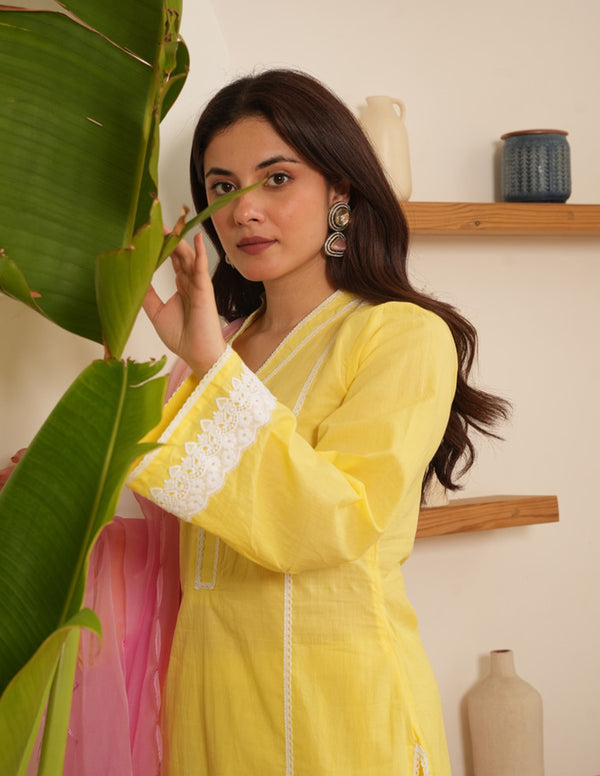 Heaven Yellow Cotton Staright Suit Set