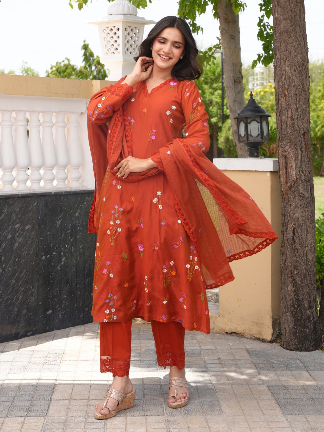 Rust Brown Chanderi Floral Embroidered Kurta Set