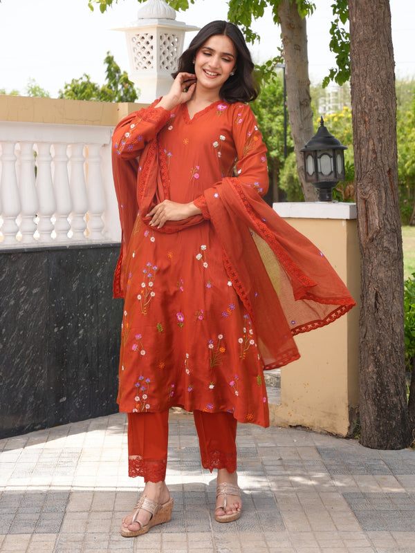 Rust Brown Chanderi Floral Embroidered Kurta Set
