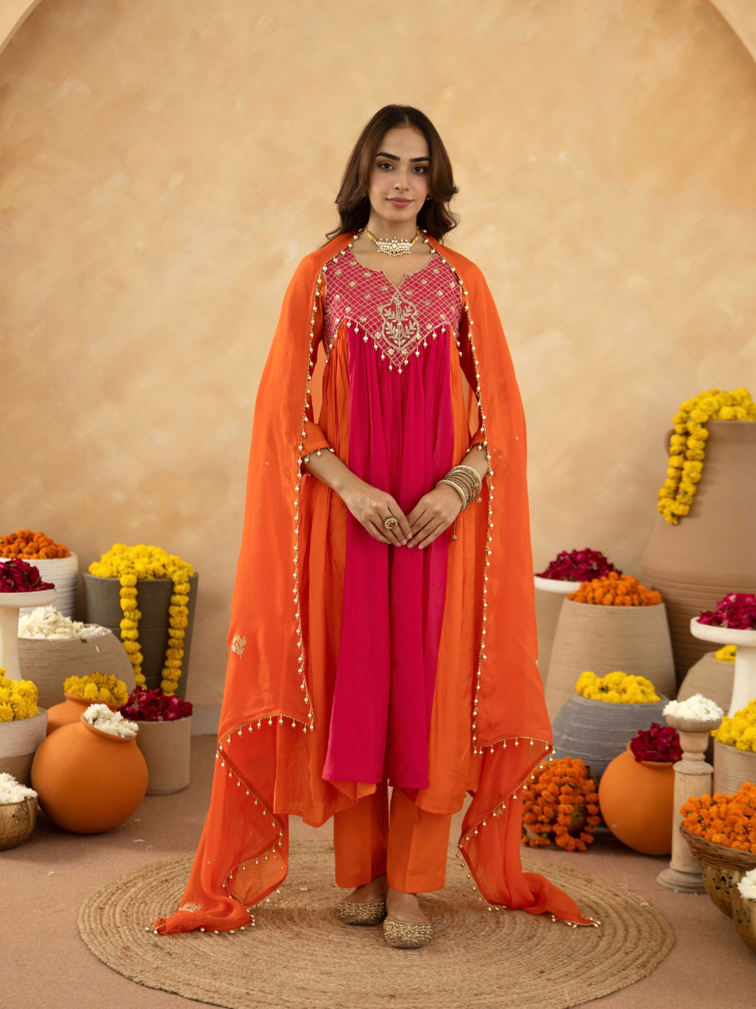 Orange Chanderi Aari & Handwork Gathered Kurta Set