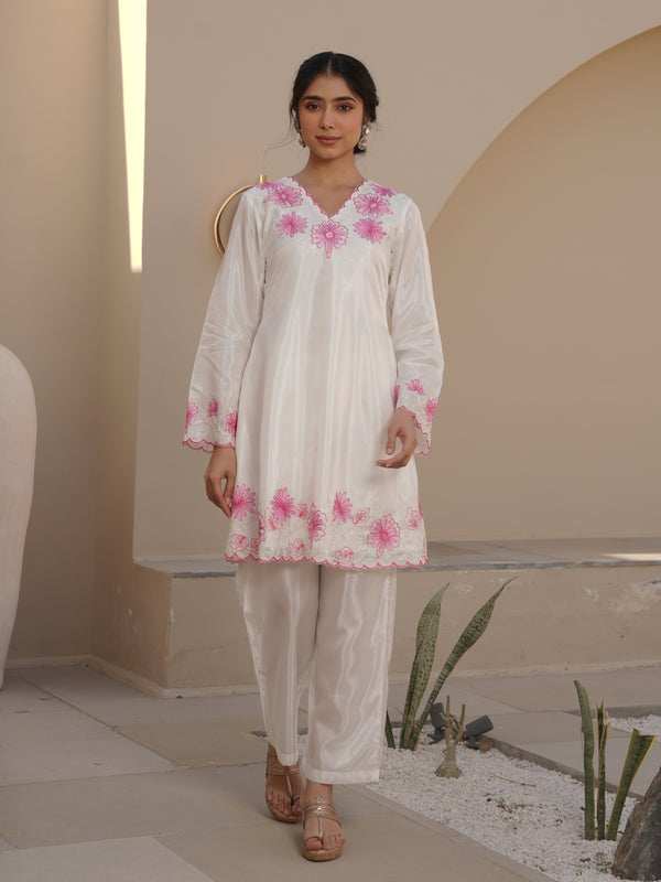 MIST WHITE SILK EMBROIDERED SUIT SET
