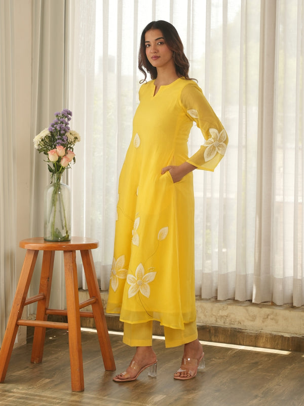 Lemon Yellow Hand Paint Soft Organza Suit Set