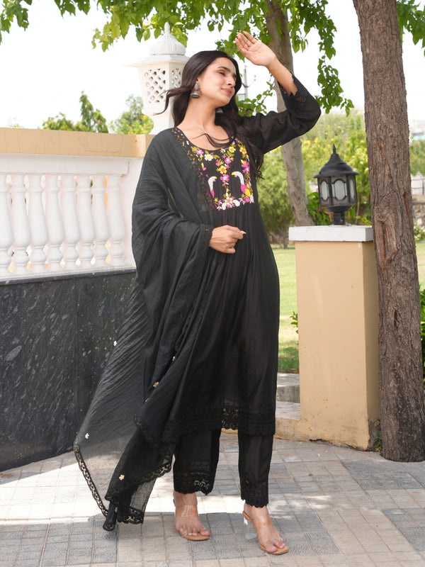 Floral Wine Black Hand Embroidery Chanderi Kurta Set