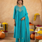 Cyan Blue Chanderi Aari & Handwork Gathered Kurta Set