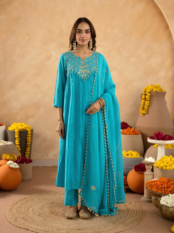 Cyan Blue Chanderi Aari & Handwork Gathered Kurta Set