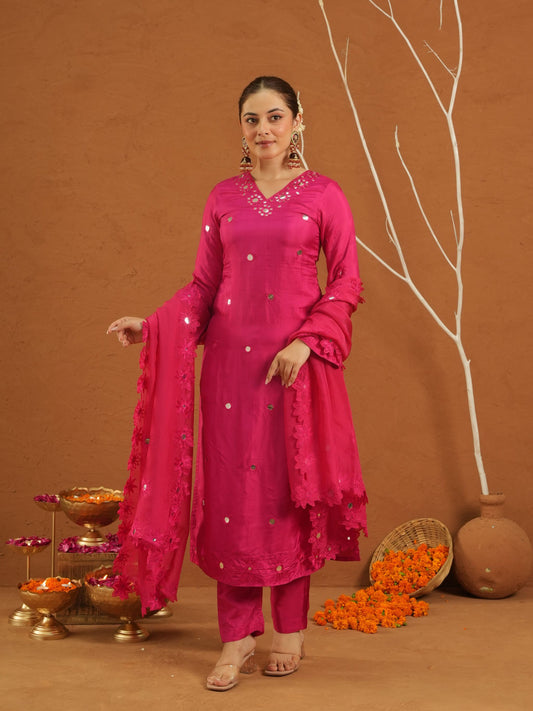 Nazakat Pink Silk Mirrorwork Suit Set