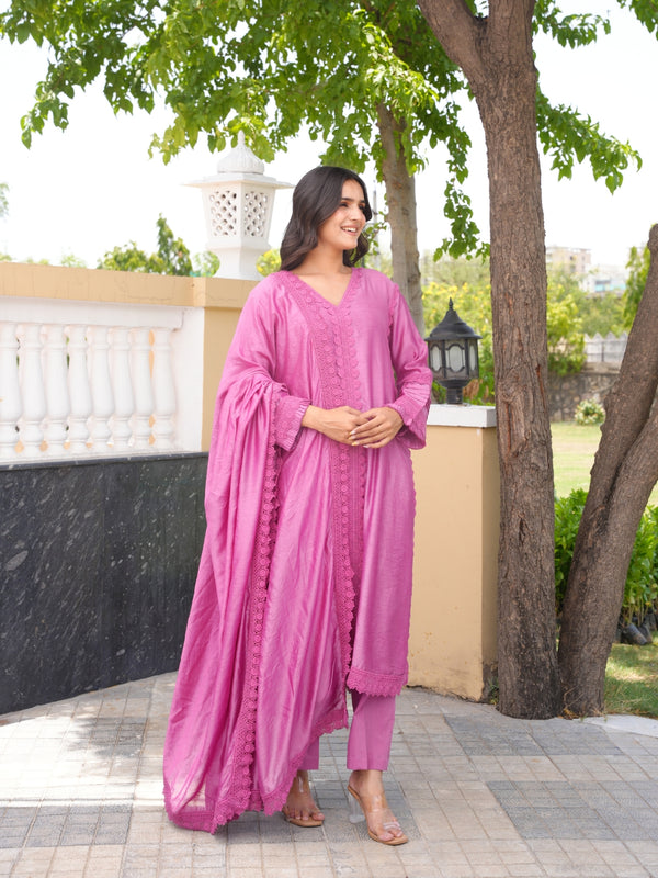 Purple Chanderi Lace Work Kurta Set