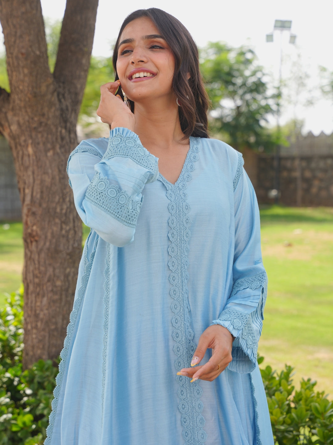 Ice Blue Chanderi Lace Work Kurta Set